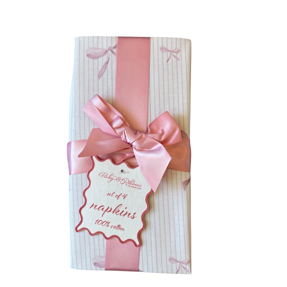 INDIGO Pink Bow Pinstripe Cotton Dinner Napkins 18x18 Set of 4 NEW